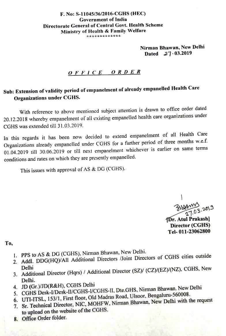 CGHS approved hospitals - Validity Extended