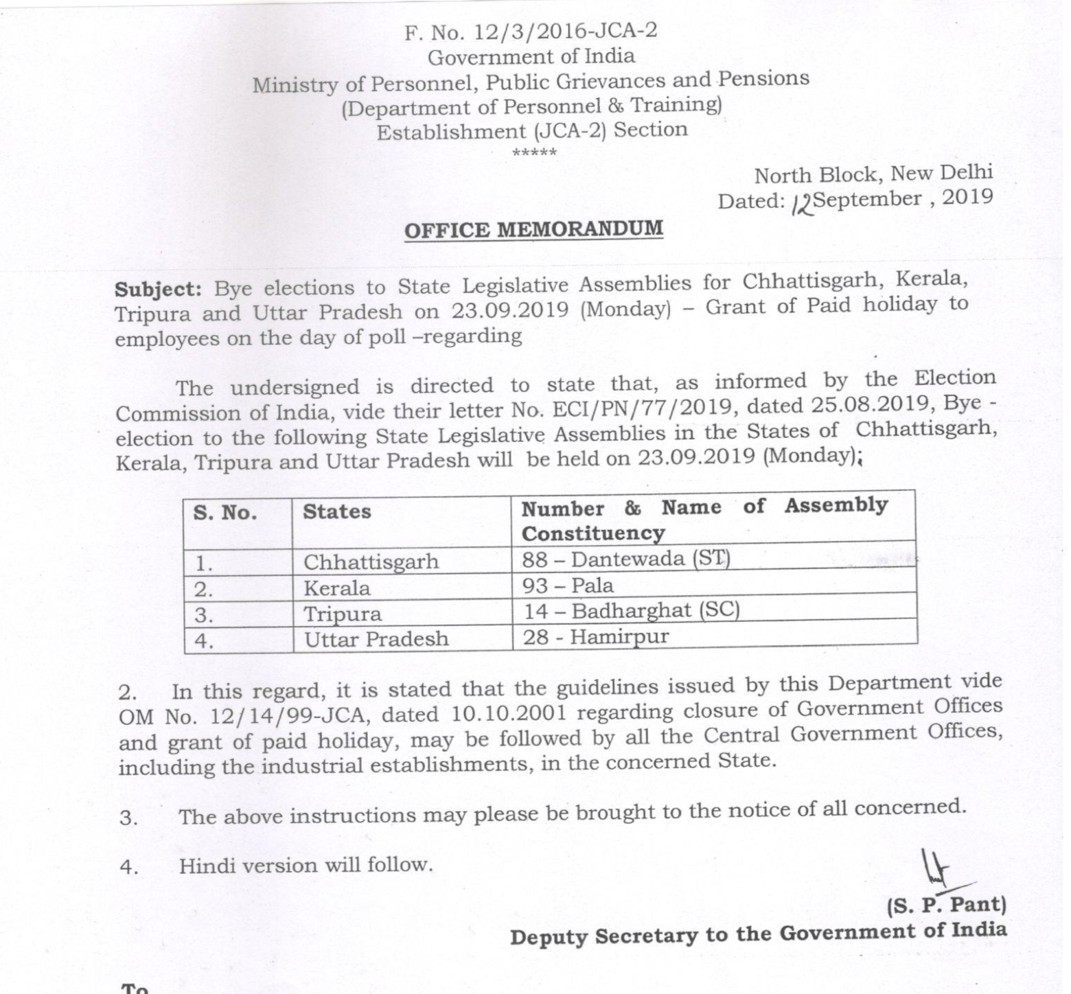 Grant of Paid holiday to employees on 23.09.2019 - Bye elections