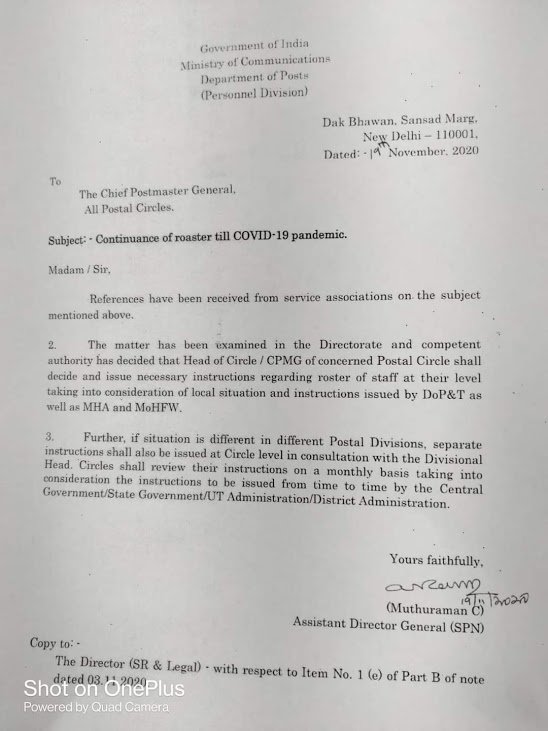 Continuance of roaster till COVID-19 pandemic: Department of posts