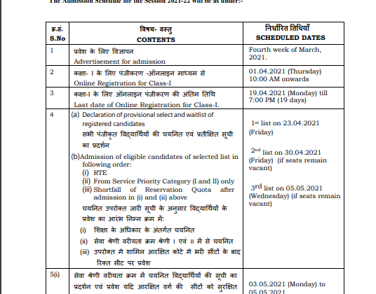 KV SCHOOL ADMISSION 2021-22